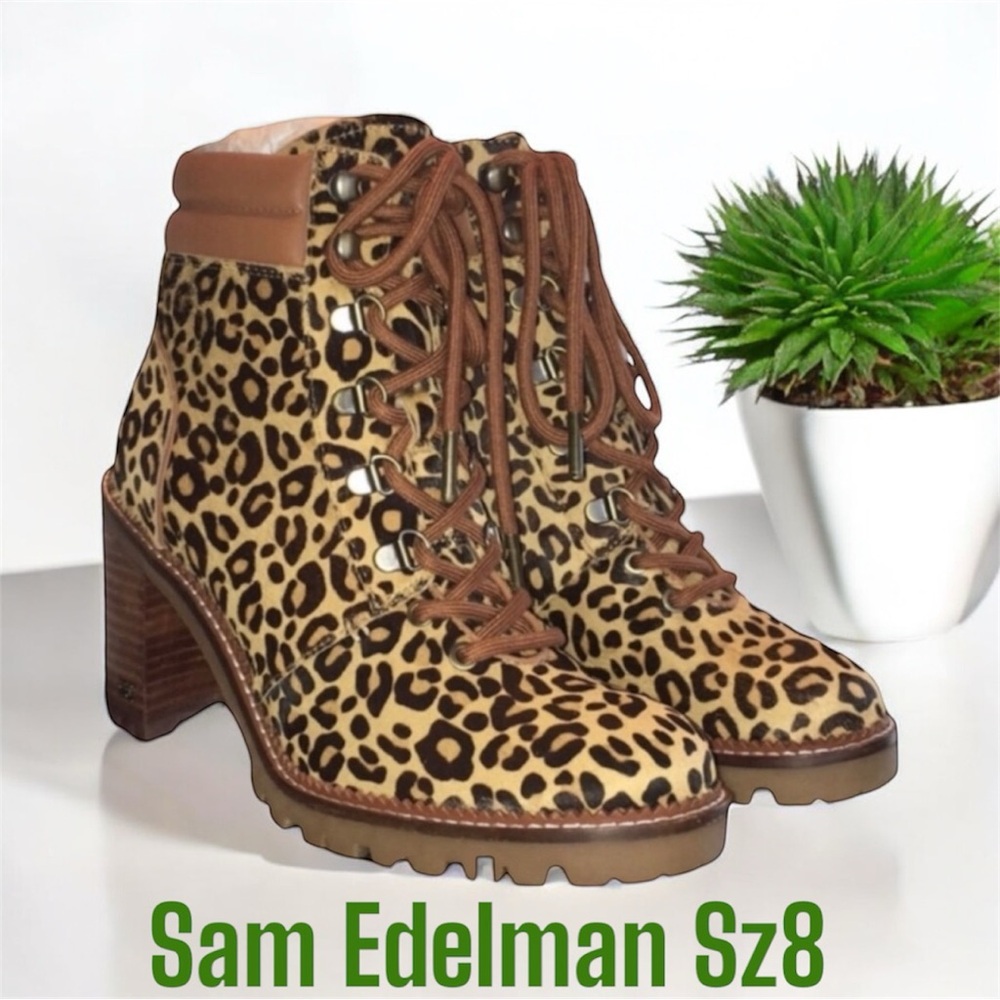 Sam Edelman Genuine Calf Hair Leopard Print Lace Up Boot Size 8 NWT